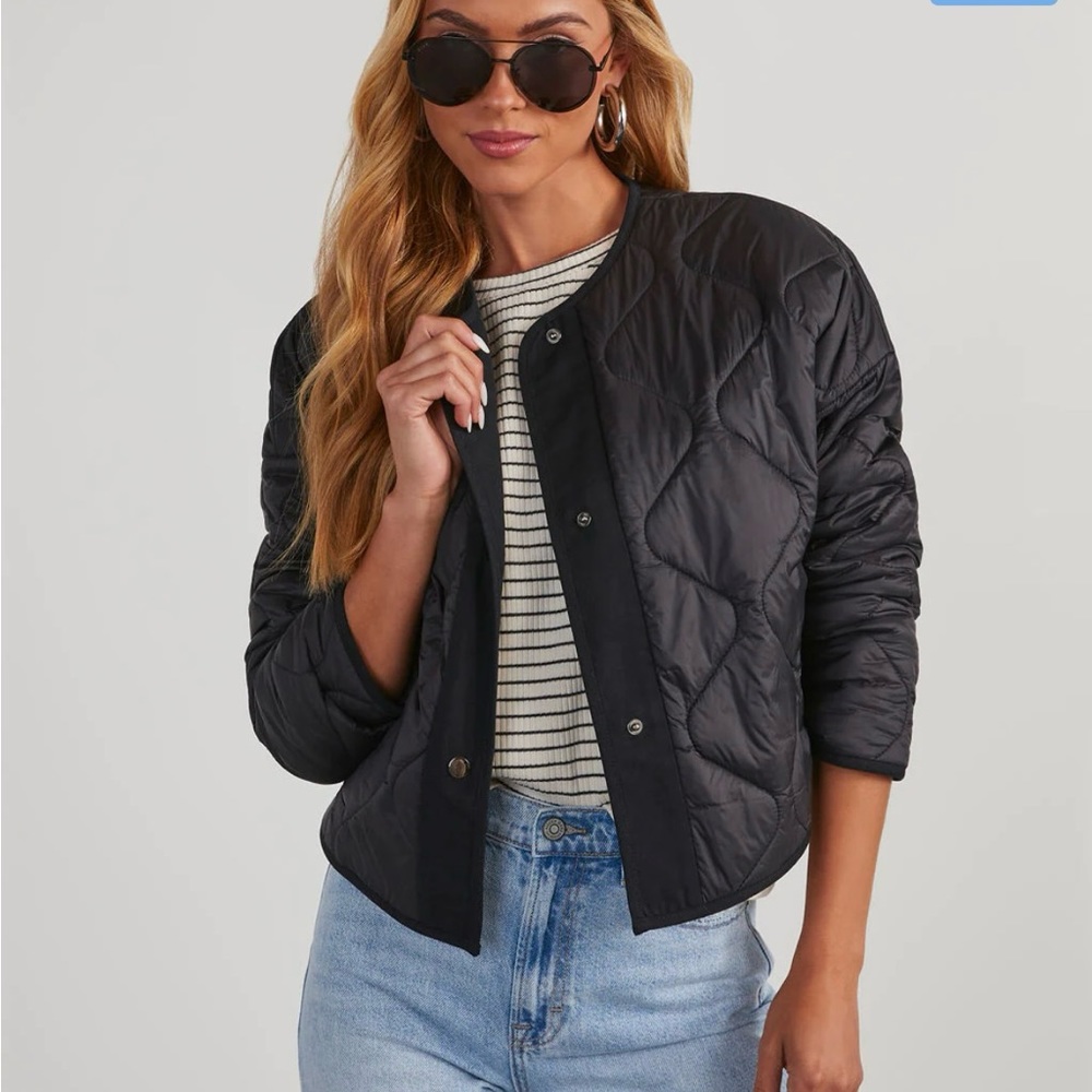 Vici Black Quilted Snap-Front Bomber Jacket